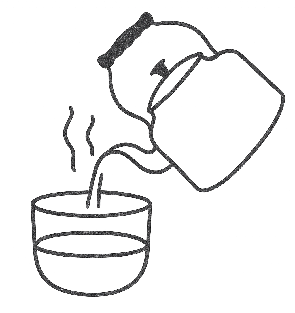 Line drawing of kettle pouring boiling water into a bowl